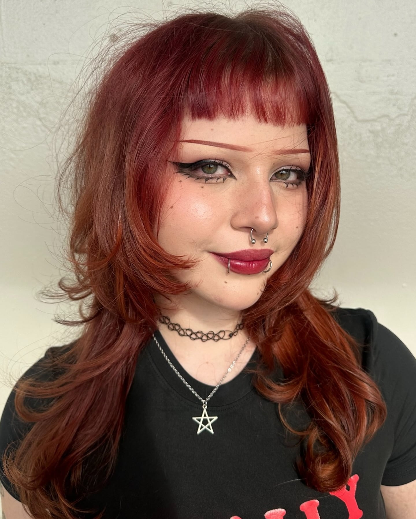 Auburn Layered Shag with Choppy Micro Bangs and Flipped Face-Framing Layers