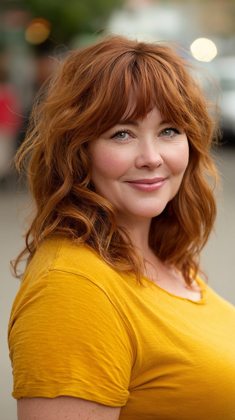 Soft Auburn Shoulder-Length Layers with Curtain Fringe