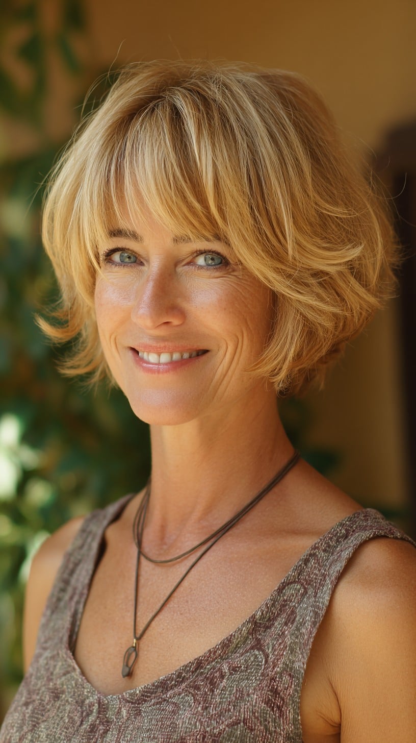 Brushed-Blonde Chin-Length Layers with Feathered Micro-Fringe