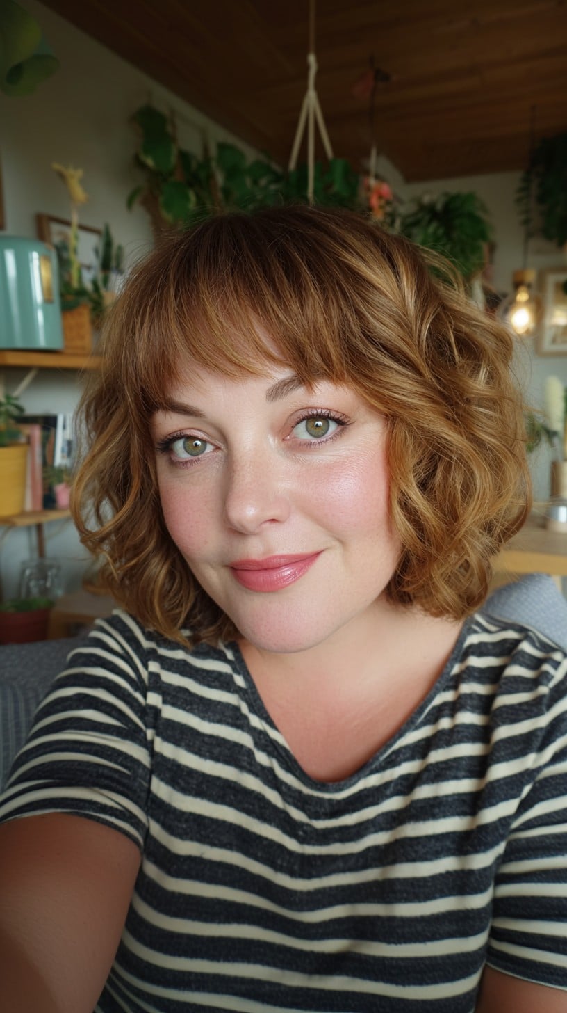Caramel-Glazed Chin-Length Textured Bob with Wispy Micro-Fringe