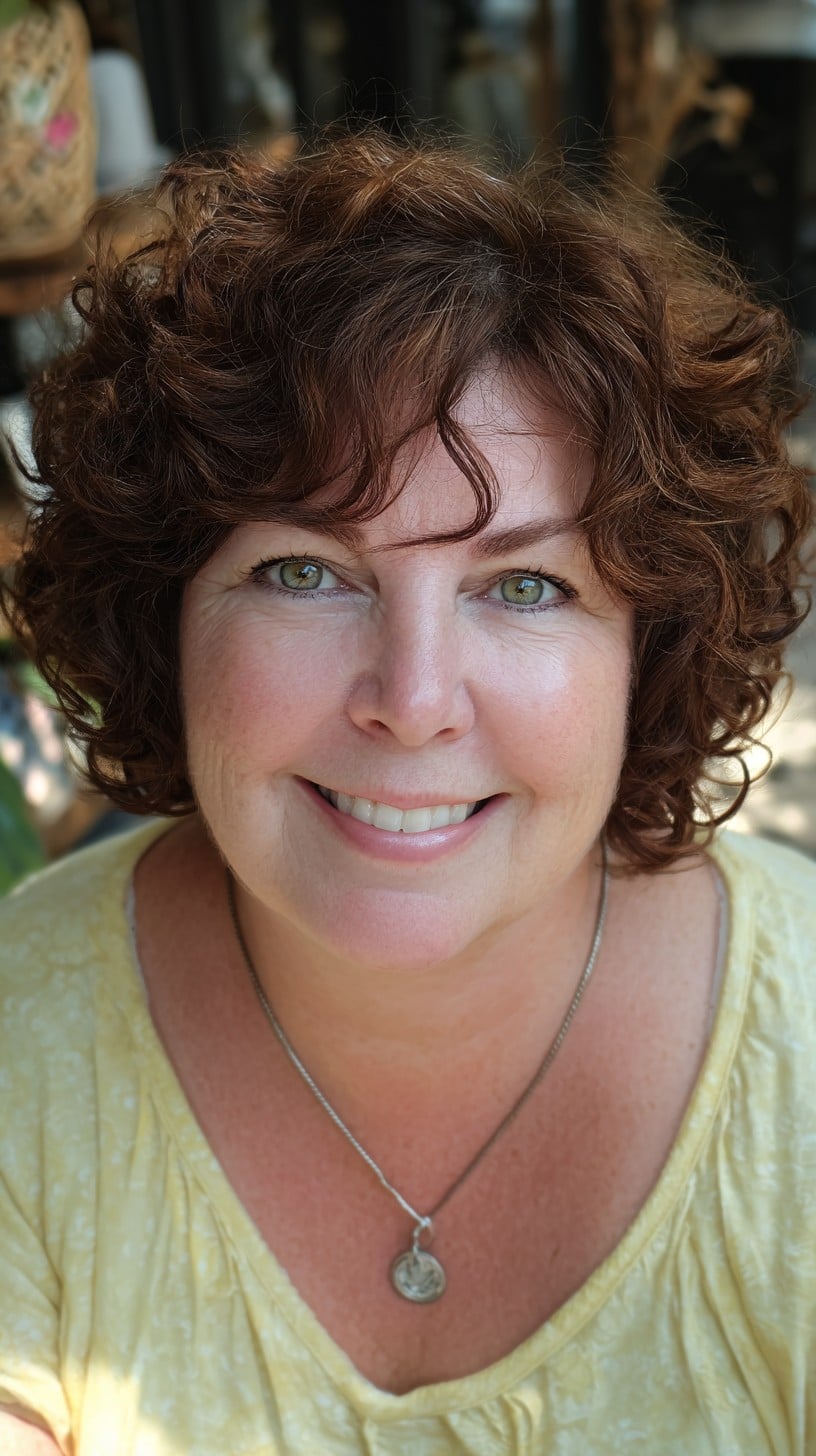 Chestnut Curly Chin-Length Crop with Face-Framing Tendril