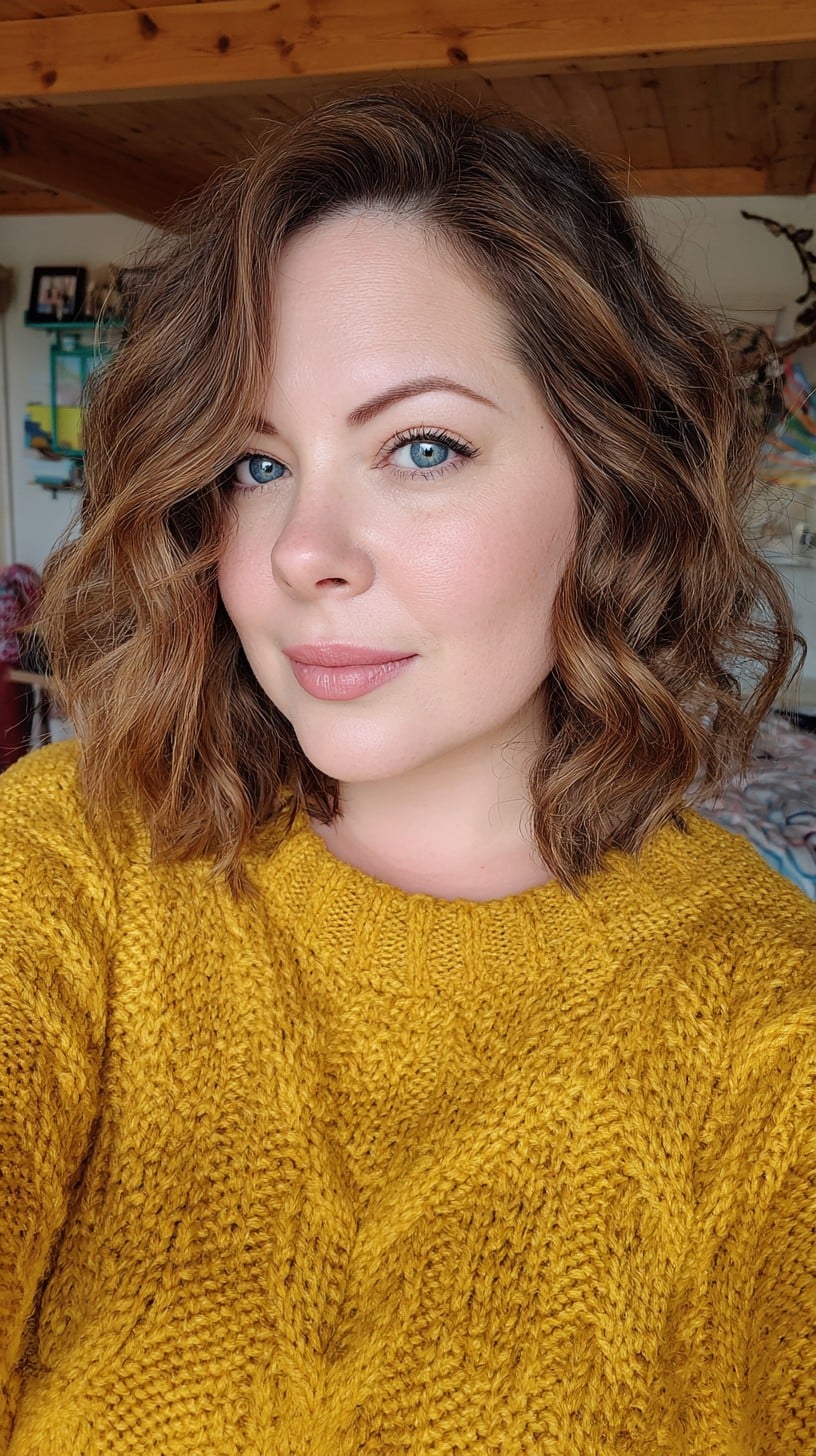 Chin-Length Wavy Bob with Deep Side Part and Natural Balayage