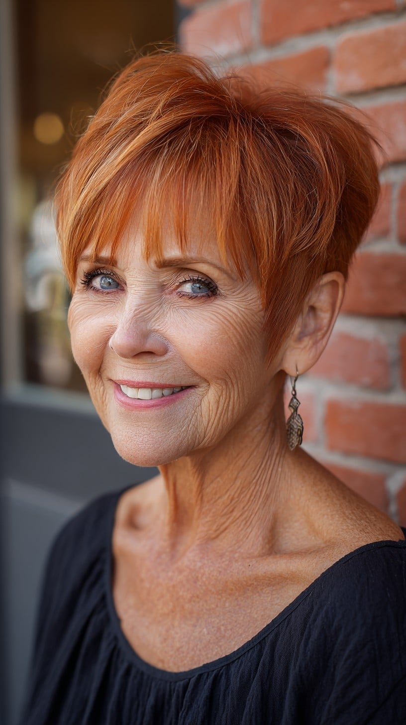 Cropped Copper Pixie with Feathered Micro-Bang and Stacked Nape