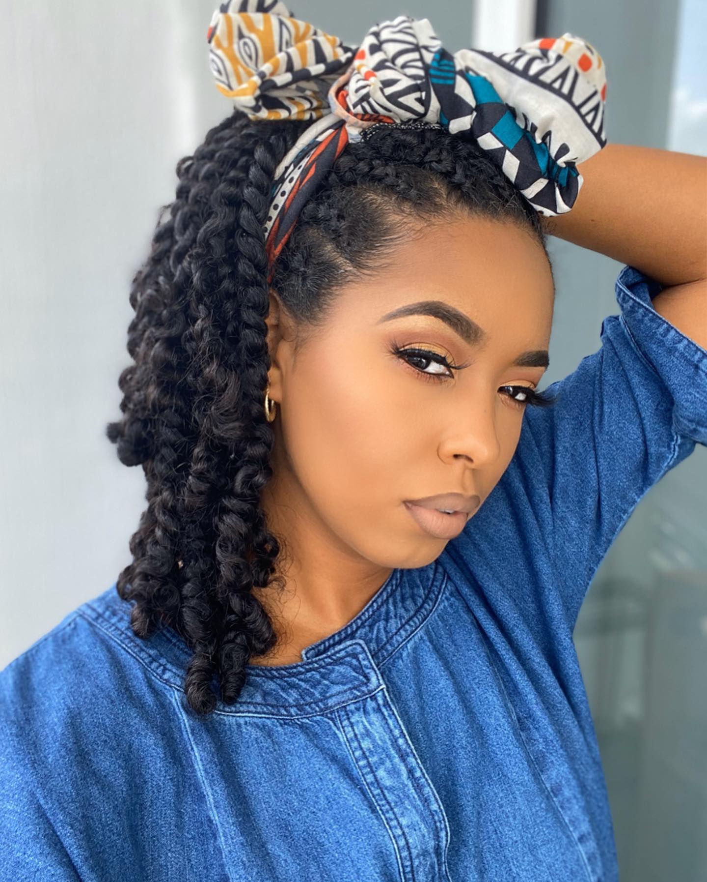 Curved Feed-In Cornrows with Chunky Curly Two-Strand Twists and Scarf Bow