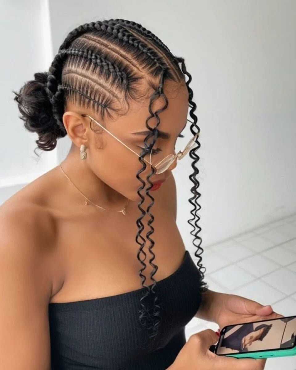 Curved Precision Cornrows with Spiral Face-Framing Tendrils