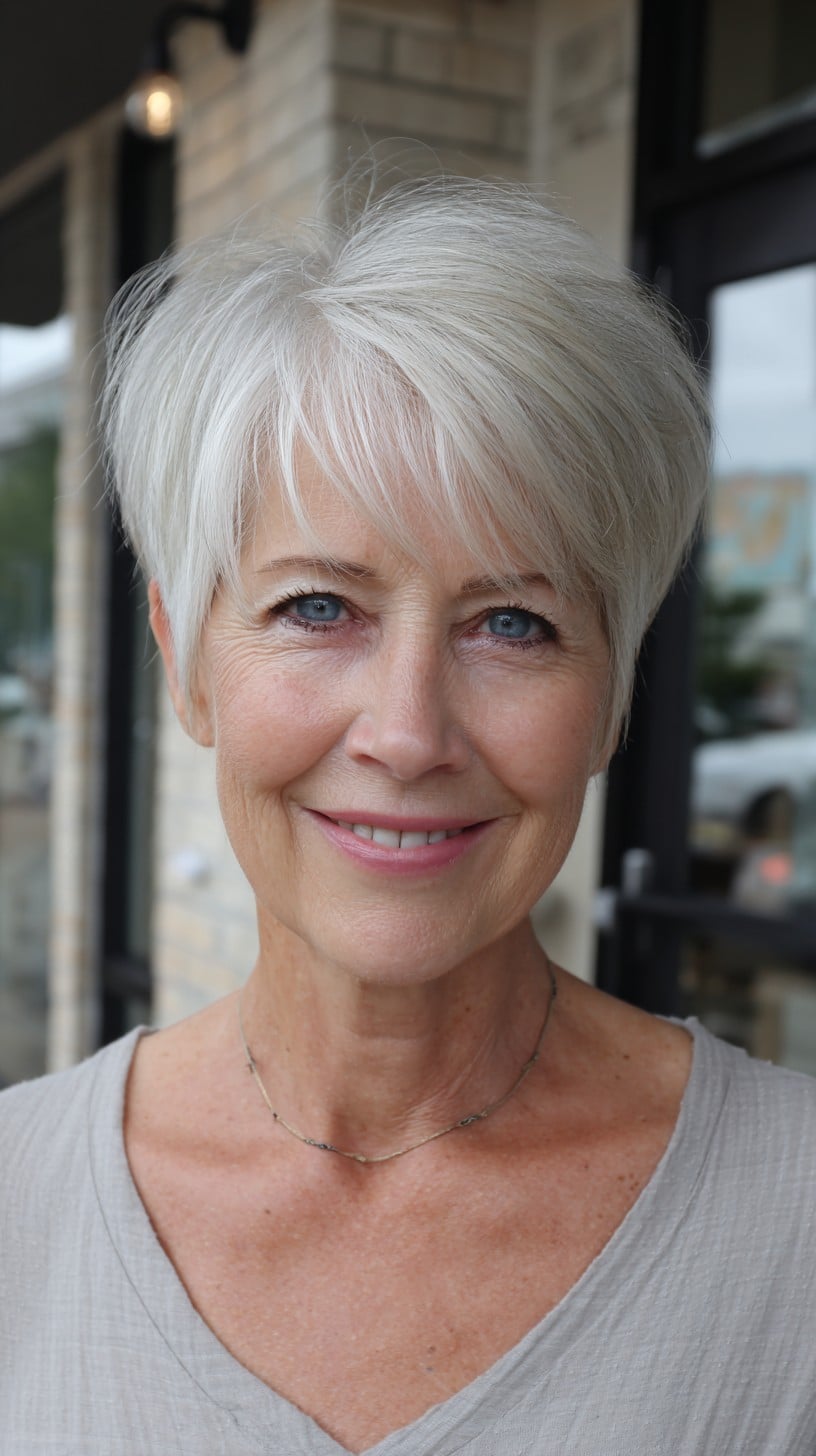 Feathered Silver Pixie with Long Side-Swept Fringe and Crown Lift