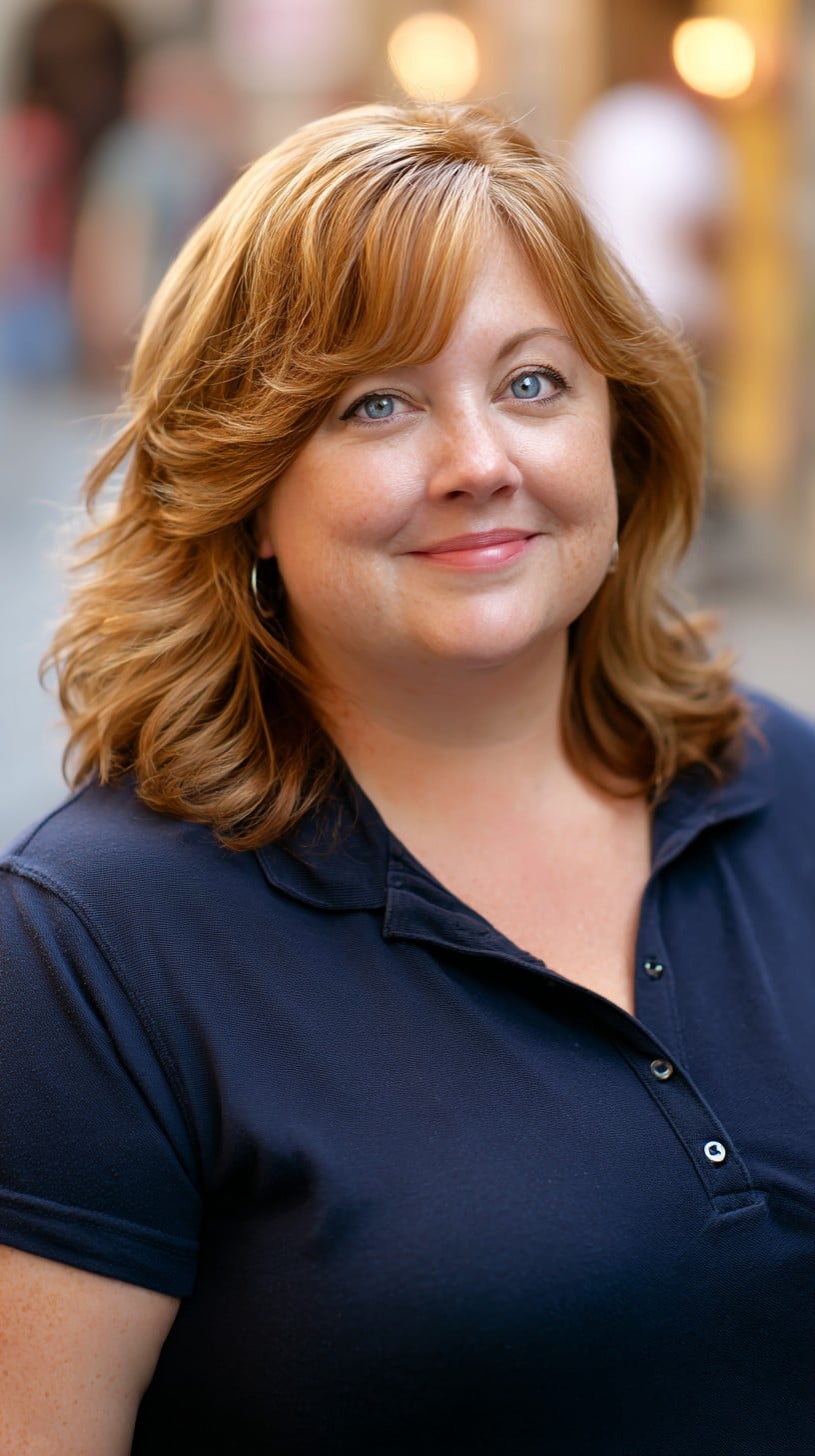 Ginger-Glazed Shoulder-Length Layers with Sculpted Side Fringe