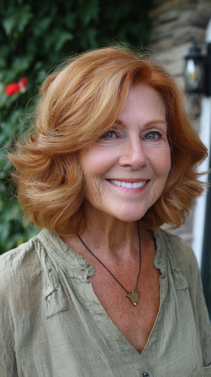 Glossed Copper Shoulder-Length Blowout with Face-Framing Layers