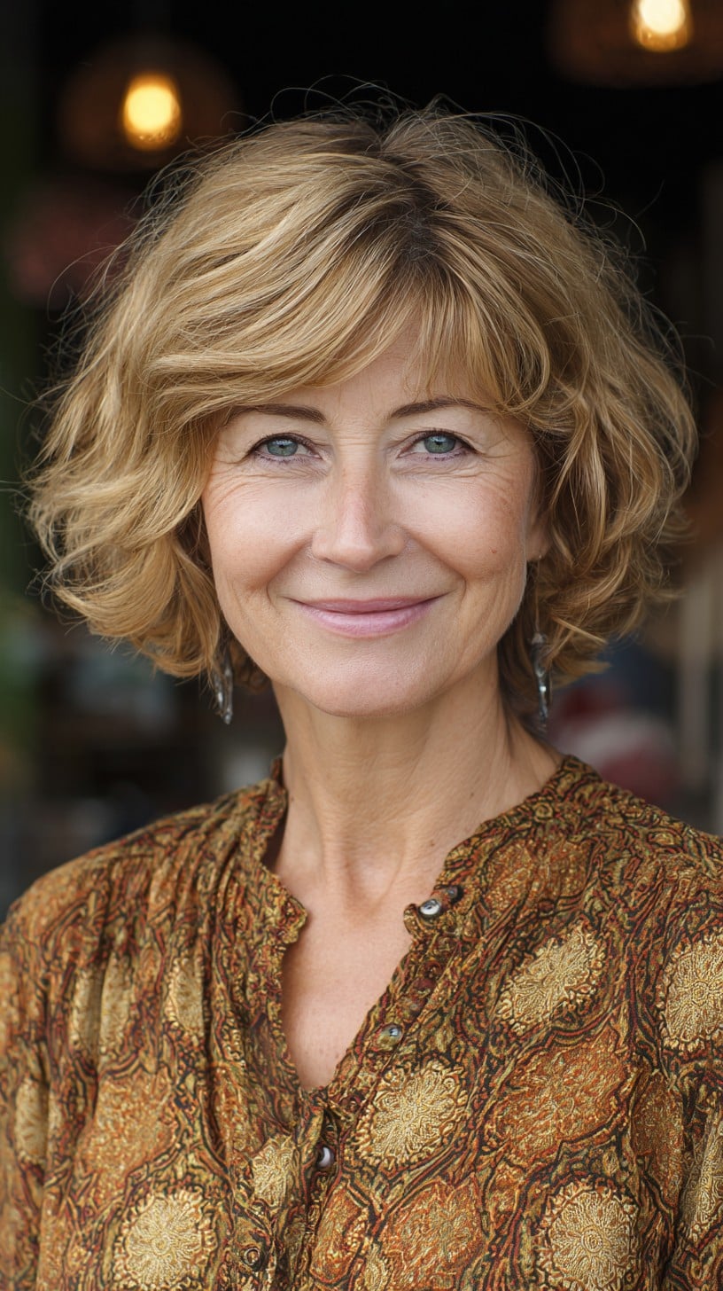 Golden Textured Chin-Length Layers with Natural Crown Lift