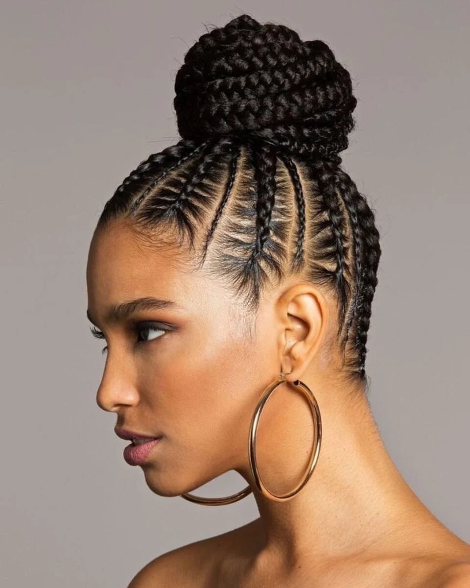 High Braided Crown Bun with Tapered Feed-In Cornrows