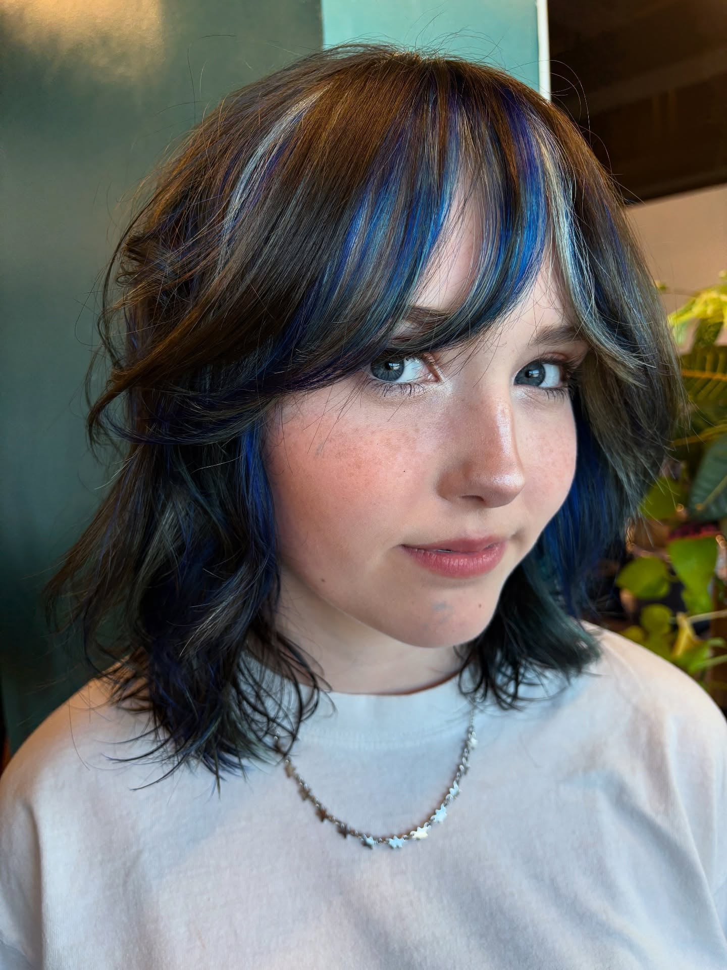 Mid-Length Layered Shag with Cobalt Face-Framing Money-Piece