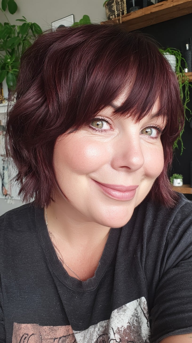 Plum-Burgundy Chin-Length Textured Bob with Soft Diagonal Fringe