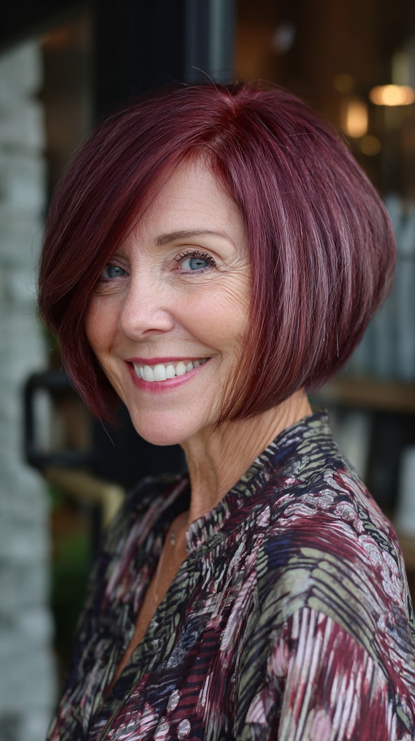 Rounded A-Line Bob with Stacked Nape and Burgundy-Silver Temple Slice