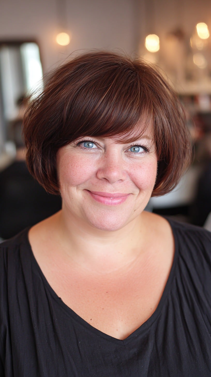 Rounded Stacked Chin-Length Bob with Soft Side-Swept Fringe