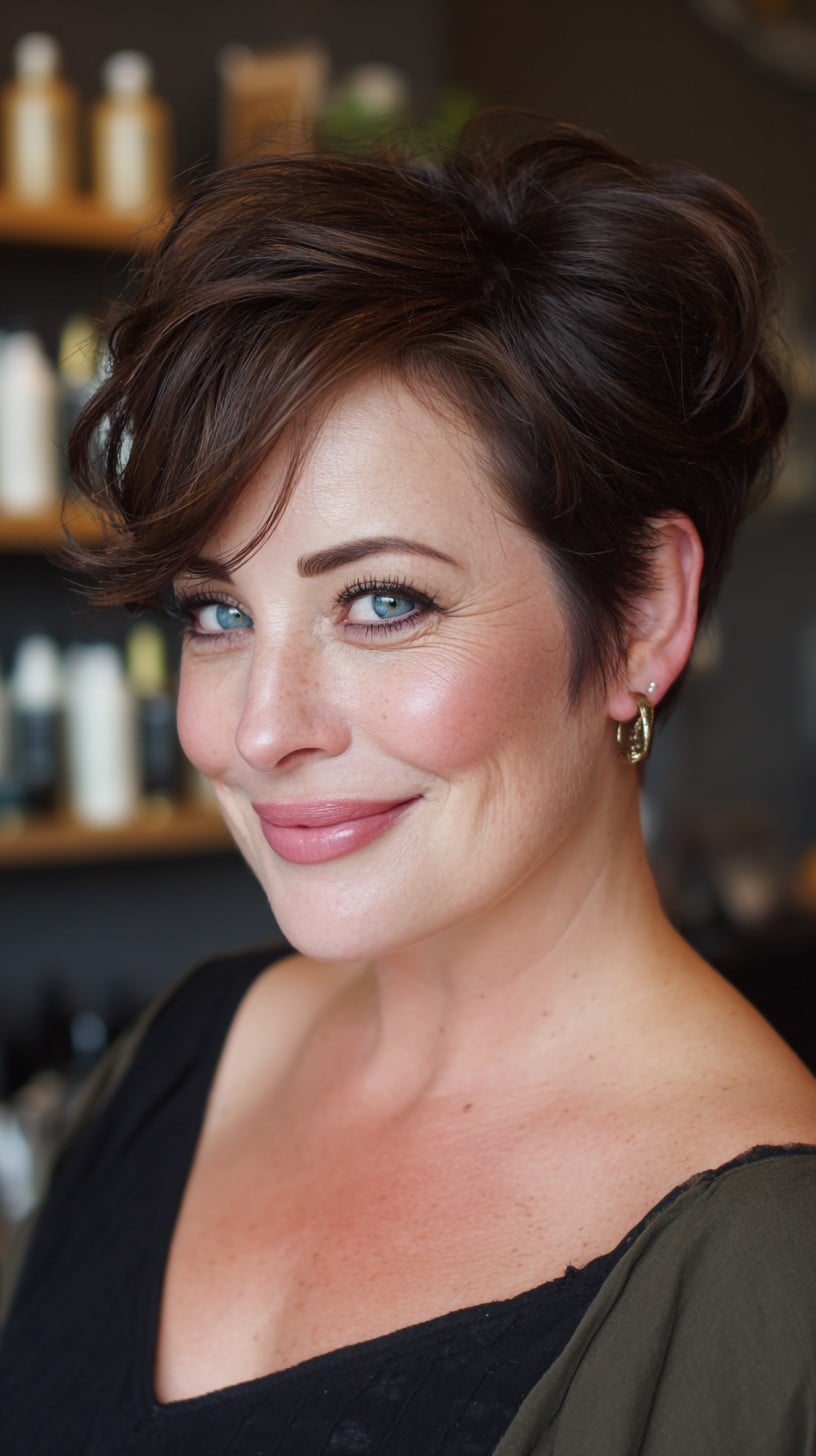 Short Chocolate Pixie with Side-Swept Fringe and Crown Lift