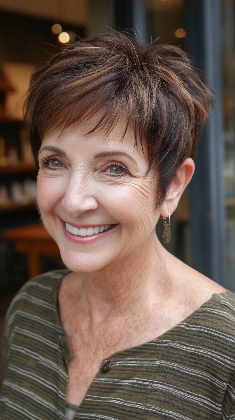 Short Choppy Pixie with Feathered Crown and Subtle Caramel Accents