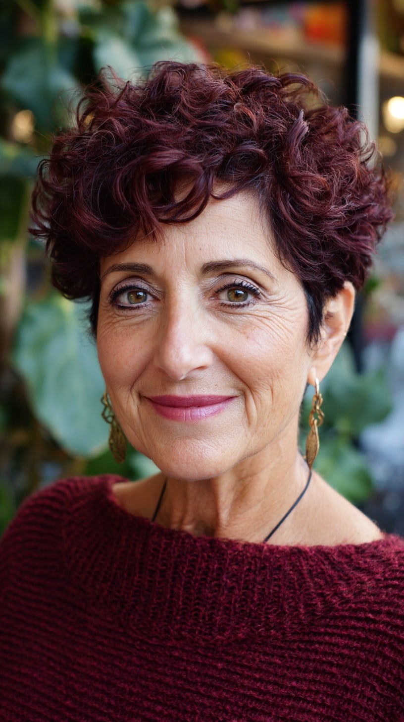 Short Curly Burgundy Pixie with Stacked Nape and Face-Framing Ringlets