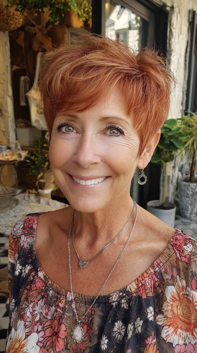 Short Vibrant Copper Pixie with Soft Side-Swept Fringe and Tapered Nape