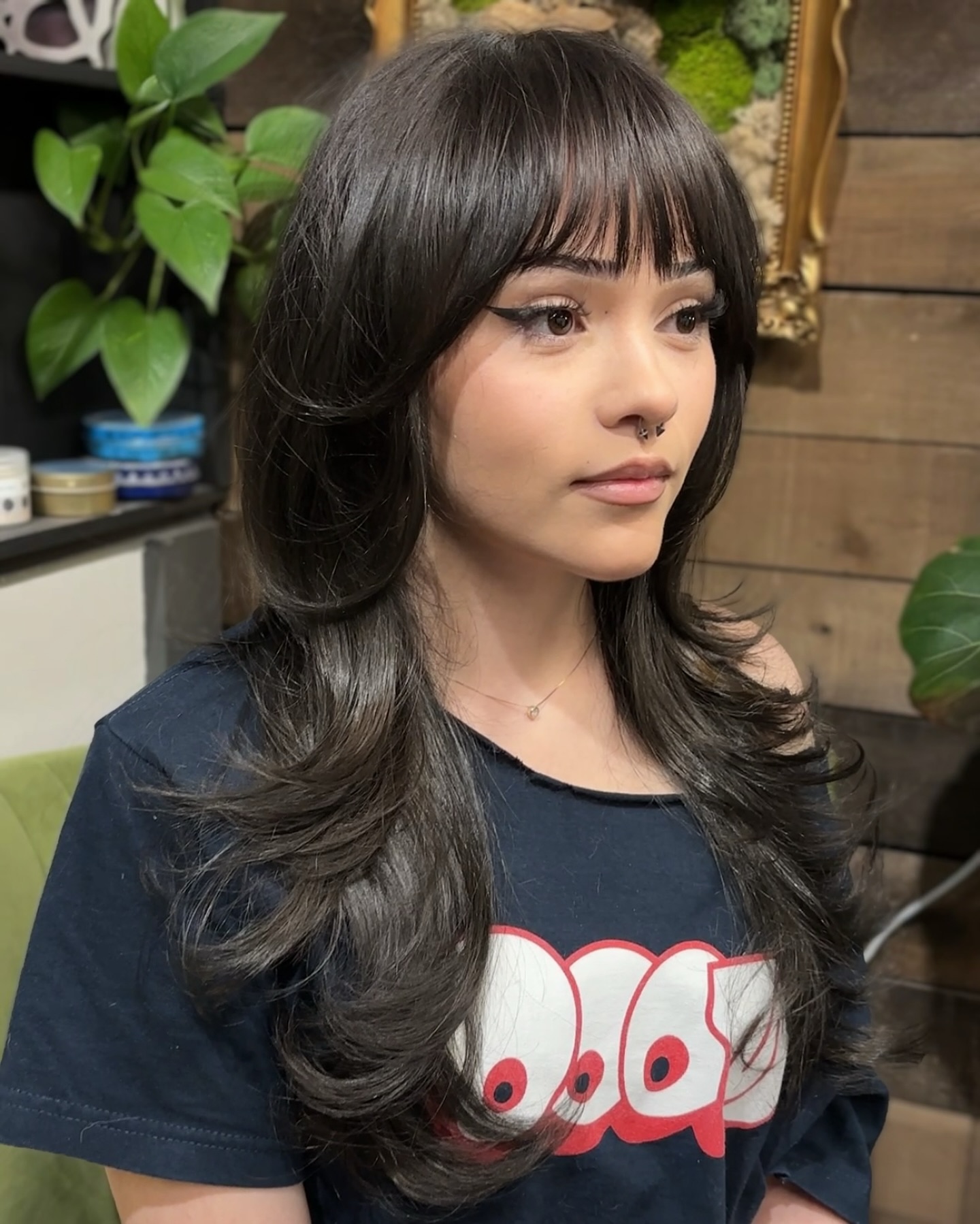 Sleek Chest-Length Shag with Blunt Micro-Bangs and Feathered Flips