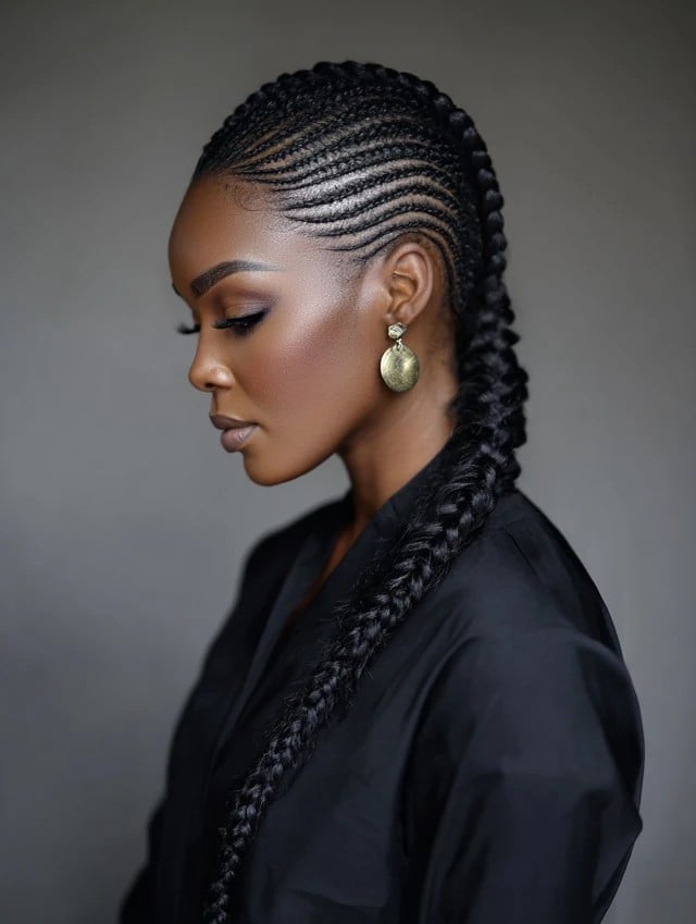 Sleek Long Feed-In Cornrows with Tapered Rope Braid