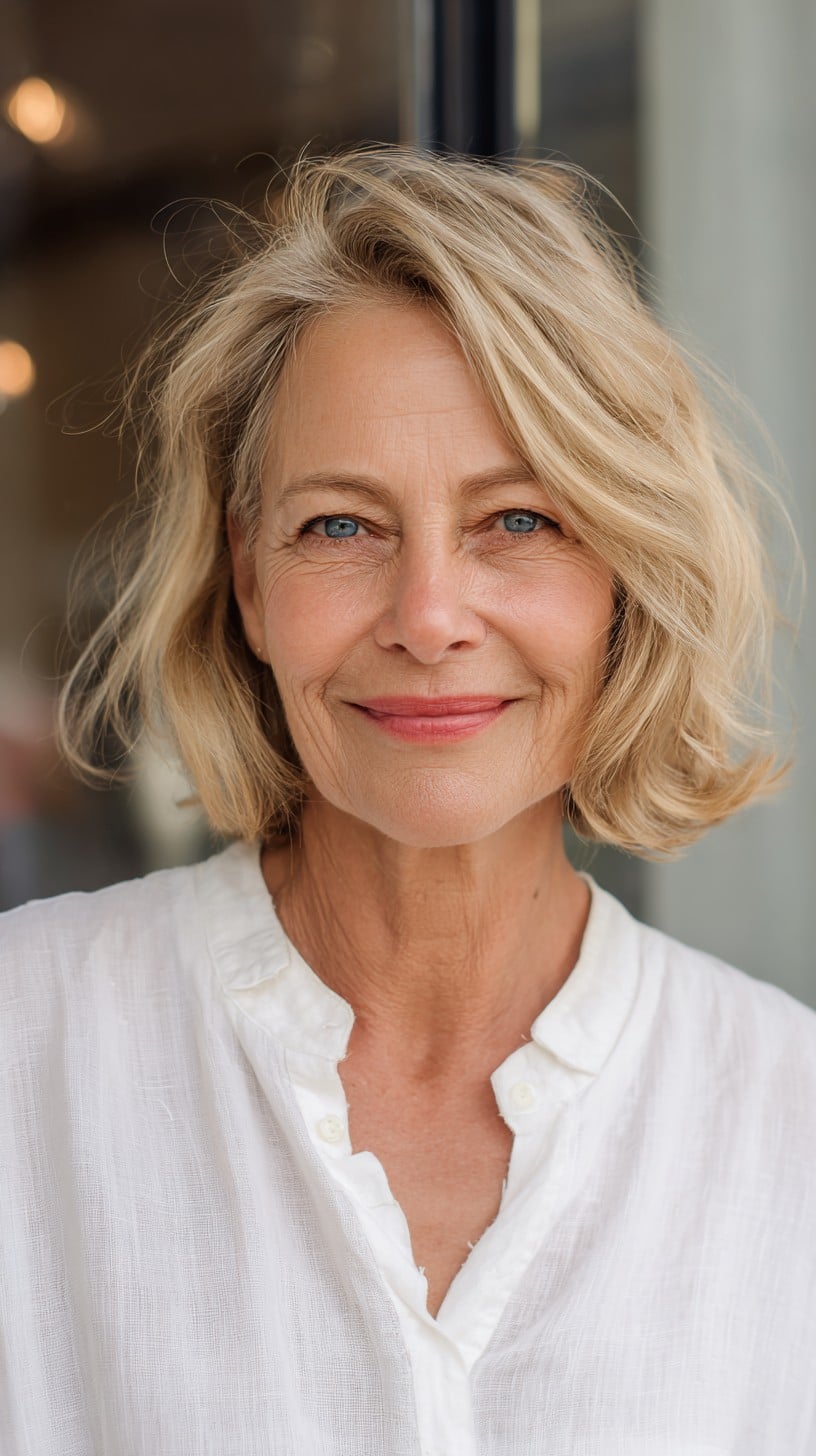 Soft Beige-Blonde Neck-Length Layered Bob with Natural Root Shadow