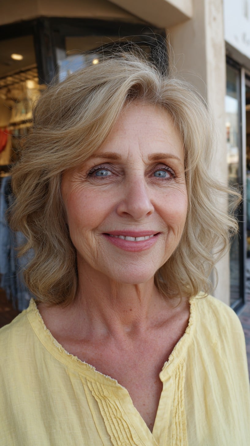 Soft Blonde Layered Shoulder-Length with Face-Framing Curtain