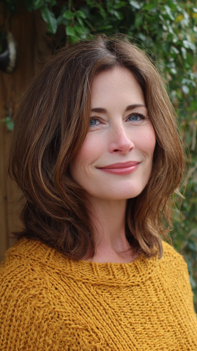 Soft Chestnut Mid-Length Layered Lob with Subtle Face-Framing