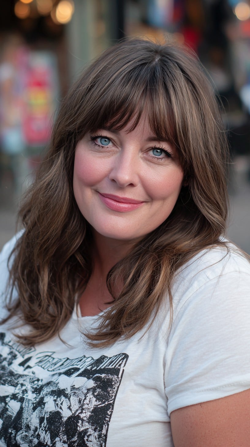 Soft Chestnut Mid-Length Waves with Wispy Curtain Bangs