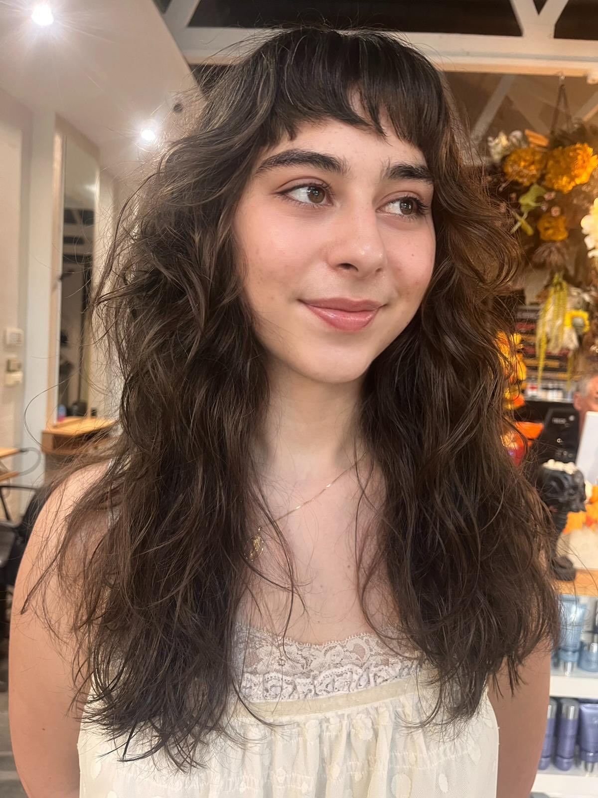 Soft Chocolate Layered Shag with Textured Micro-Bangs