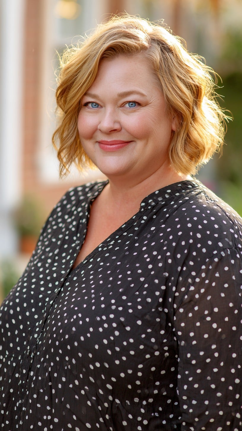 Soft Golden Chin-Grazing Wavy Bob with Face-Framing Layers