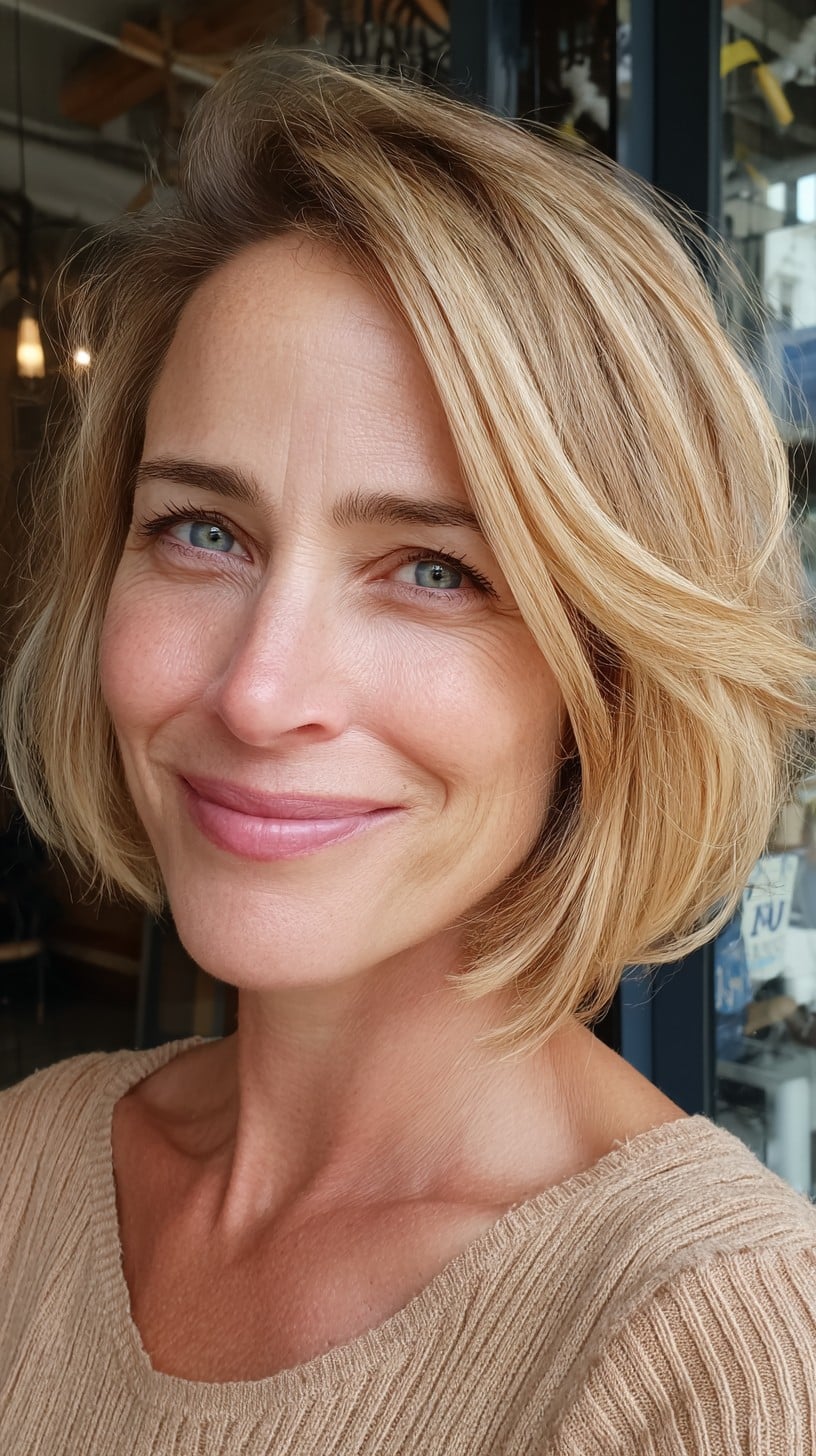 Soft Golden Root-Shadow Chin-Length Bob with Face-Framing Layers