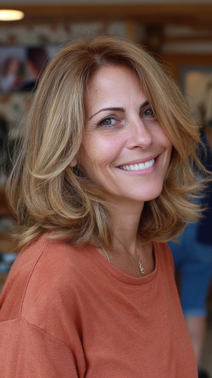 Sunlit Caramel Shoulder-Length Lob with Temple Micro-Layers