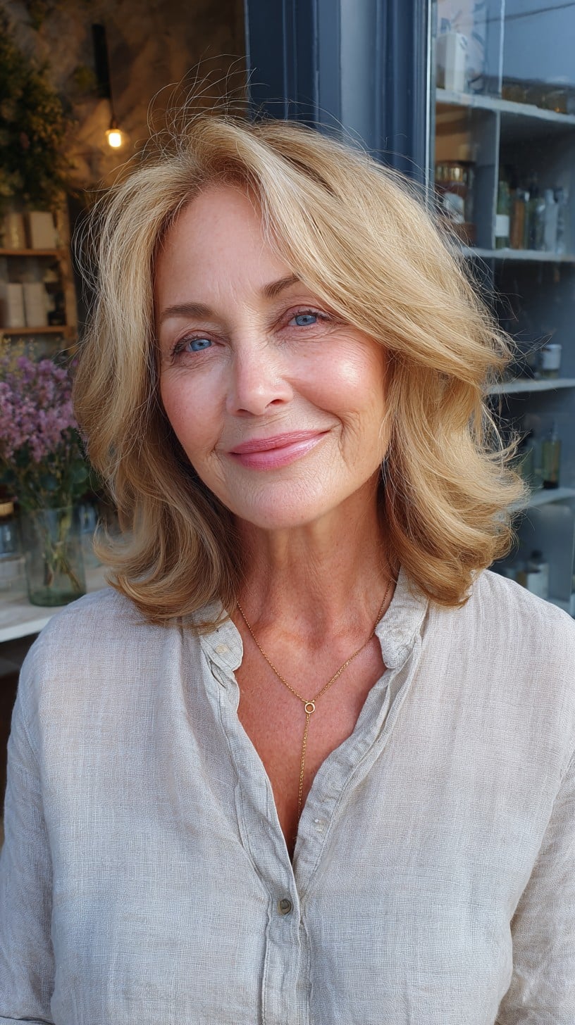 Sunlit Face-Framing Shoulder-Length with Feathered Curtain Layers