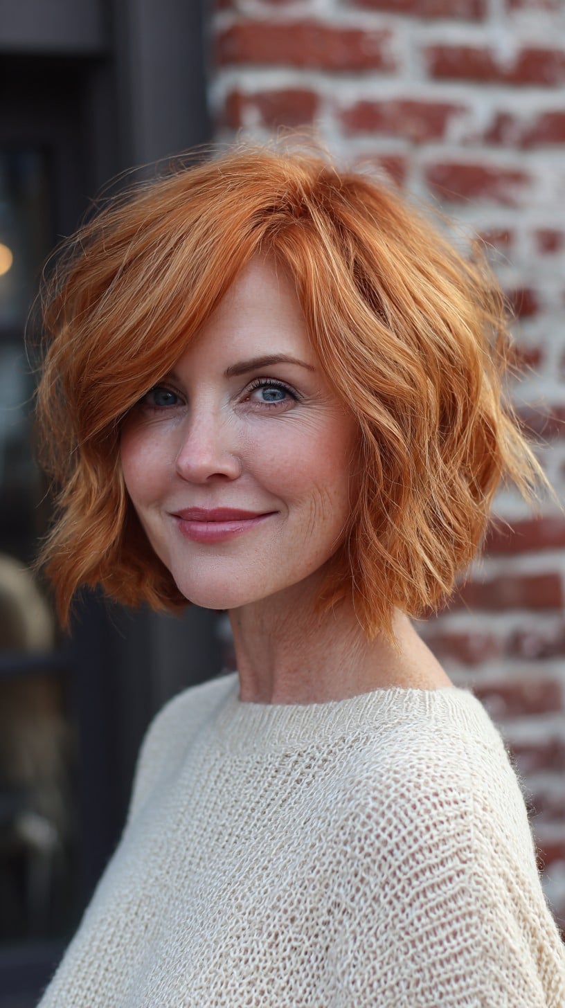 Textured Copper Chin-Length Bob with Side-Swept Fringe