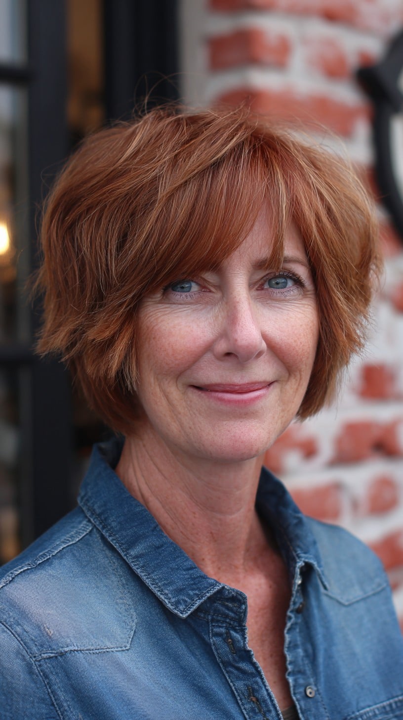 Textured Copper Chin-Length Layered Bob with Feathered Fringe