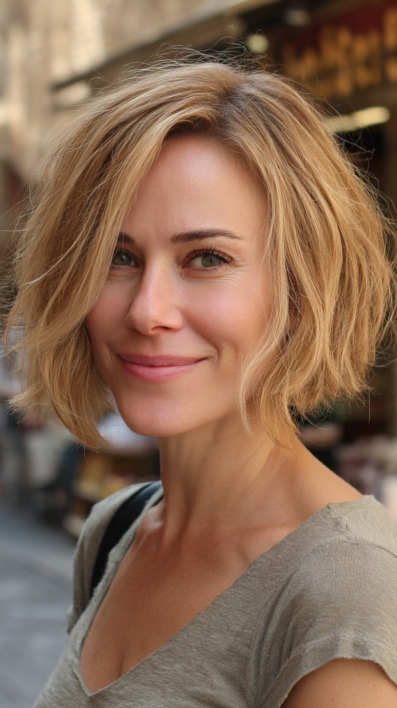 Textured Soft Blonde Chin-Length Bob with Root Shadow