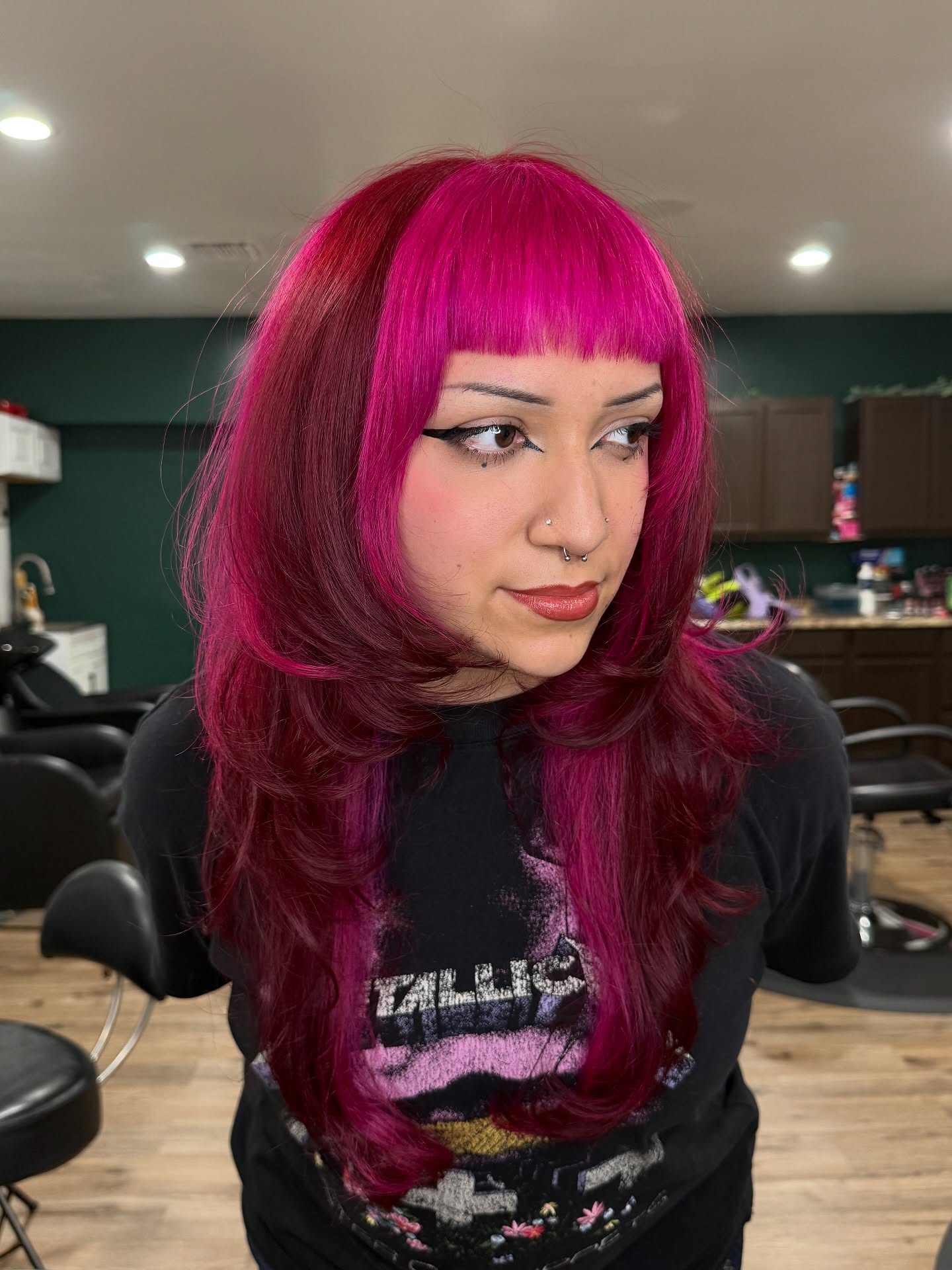 Vibrant Fuchsia Layered Shag with Blunt Micro Fringe