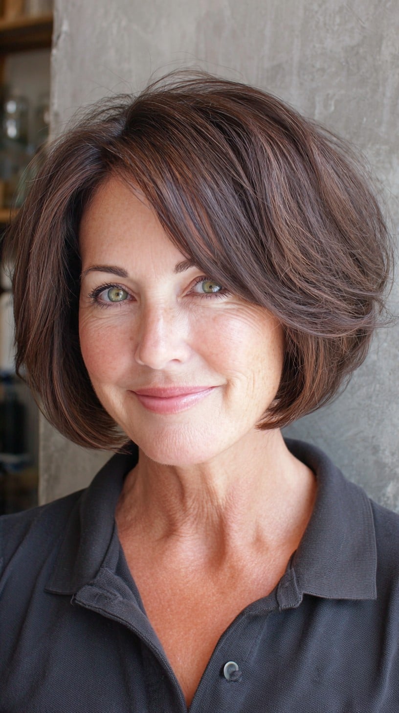 Voluminous Rounded Chin-Length Layered Bob with Feathered Face Frame