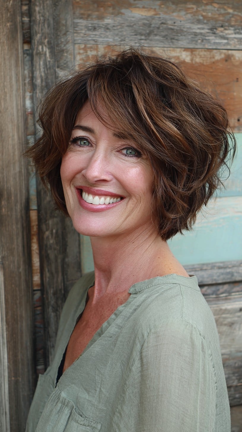 Voluminous Textured Stacked Chin-Length Lob with Wispy Side Fringe
