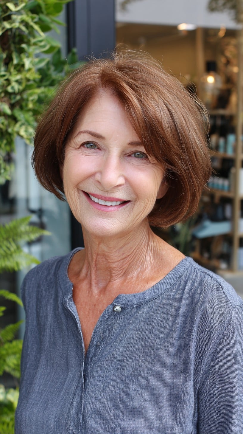 Warm Chestnut Chin-Grazing Rounded Bob with Built-In Crown Lift