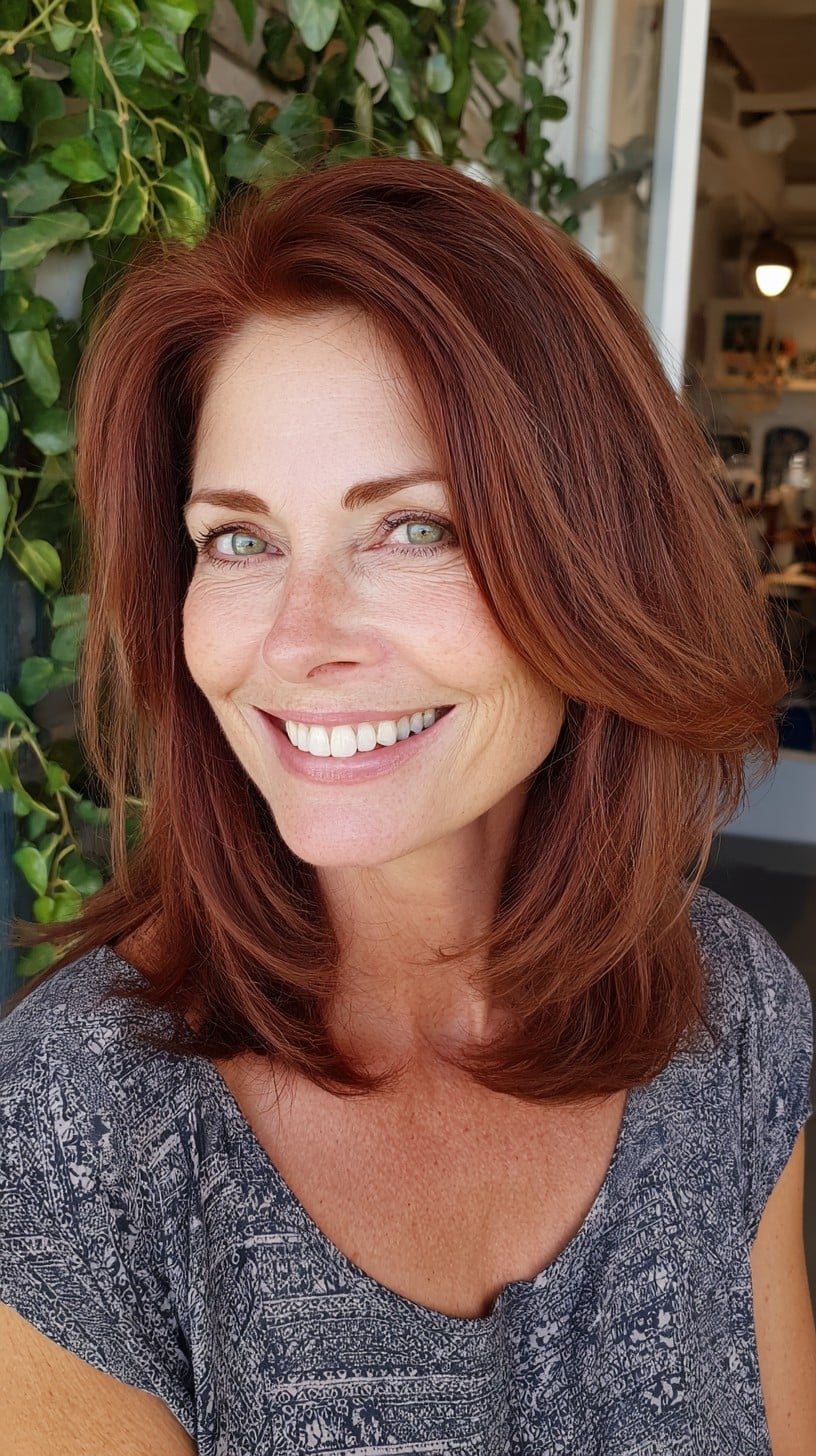 Warm Copper Rounded Face-Framing Layers with Root Lift