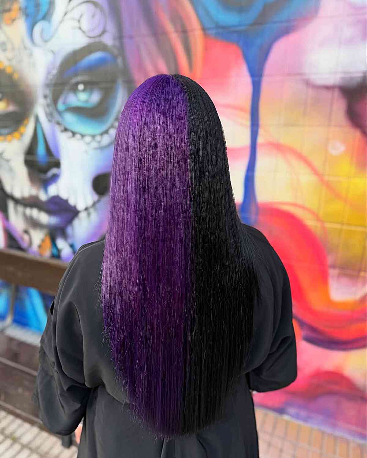 Bold Split Color Long Hair with Vibrant Purple and Jet Black