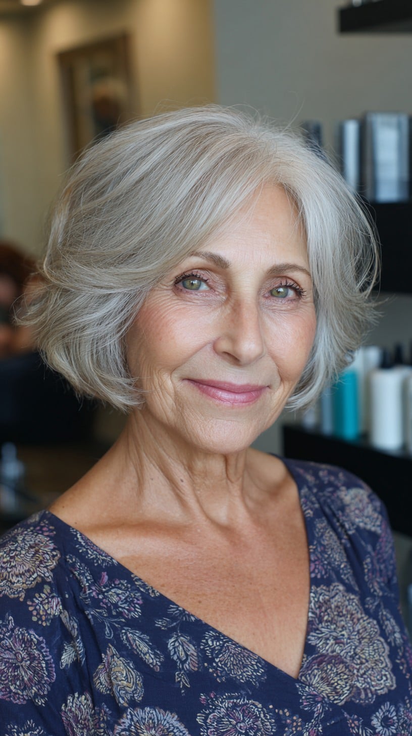 Airy Gray Stacked Bob with Delicate Side Feathering