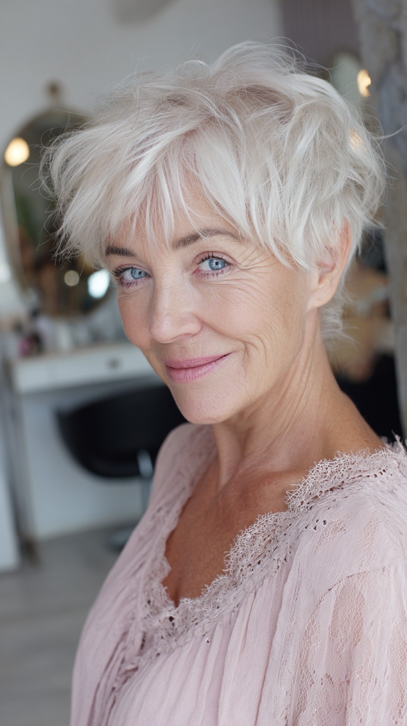 Airy Platinum Pixie with Side-Swept Feathered Fringe