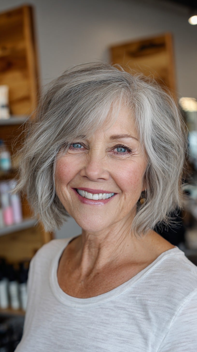 Airy Silver Shag Bob with Diagonal Side-Swept Fringe