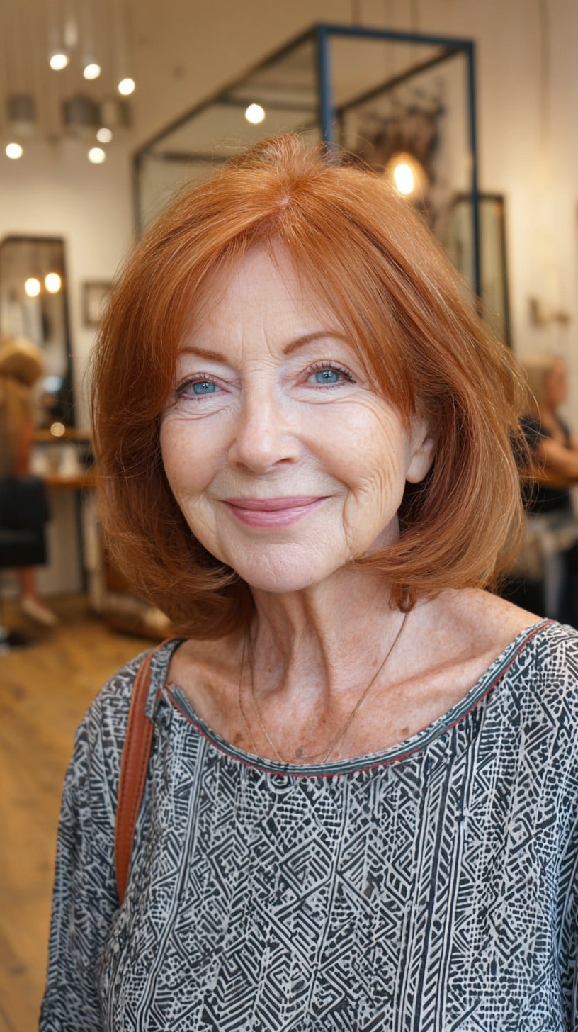 Auburn Rounded Chin-Length Bob with Curtain Fringe and Soft Interior Graduation