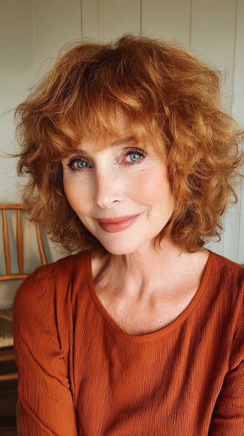 Auburn Voluminous Curly Shag with Wispy Micro-Bangs