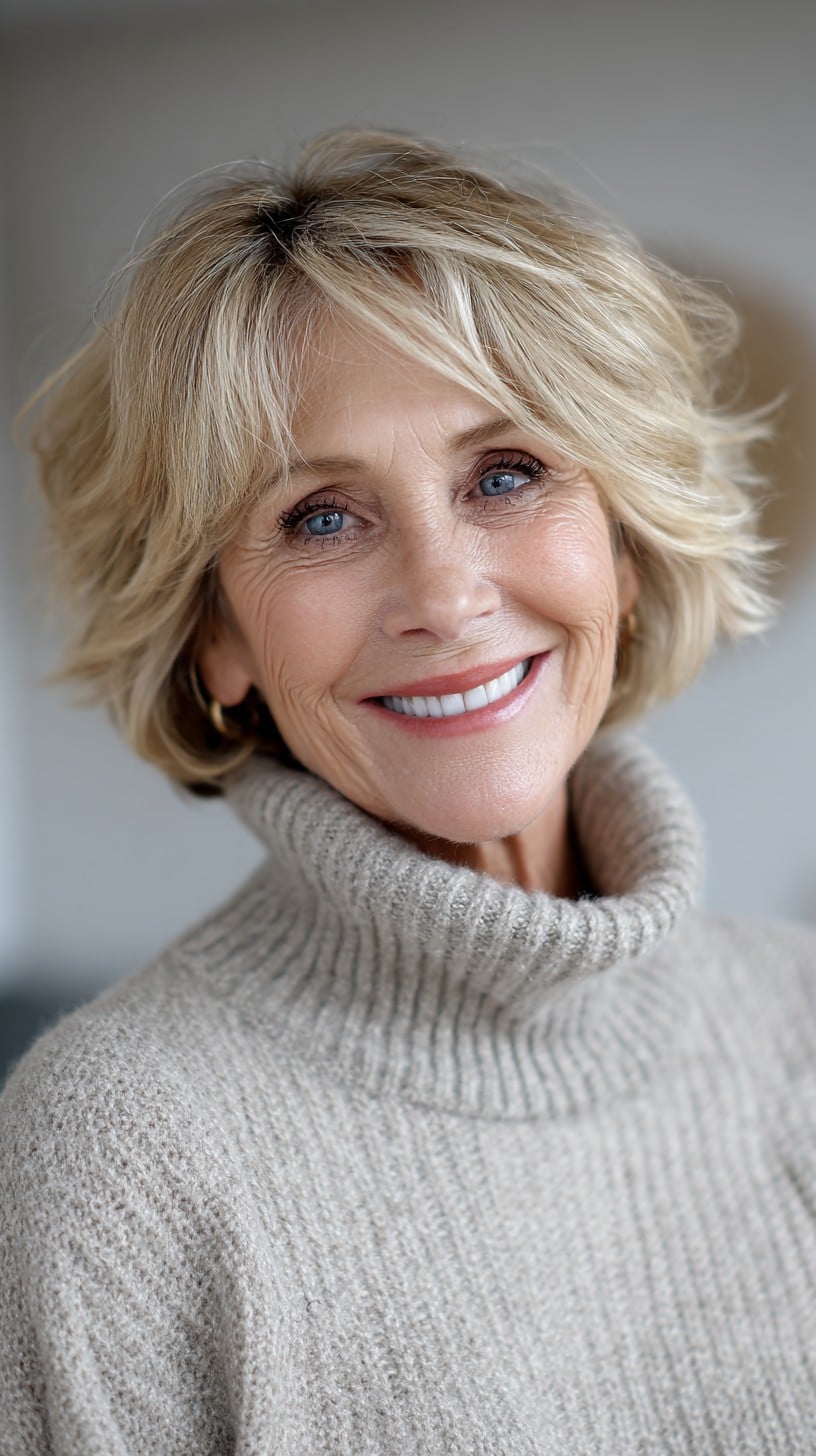 Blonde Feathered Shag Bob with Subtle Curtain Fringe