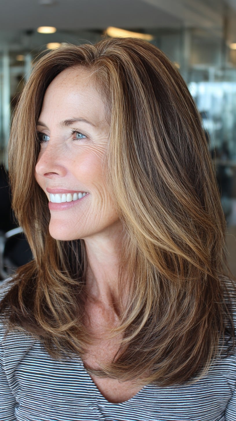 Bronde Shoulder-Length Layers with Soft Face-Framing and Subtle Root Shadow