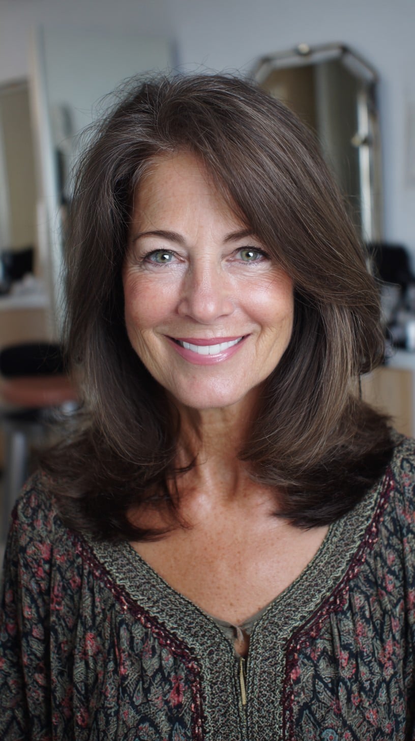 Brunette Rounded Shoulder-Length Layers with Side-Swept Face Frame